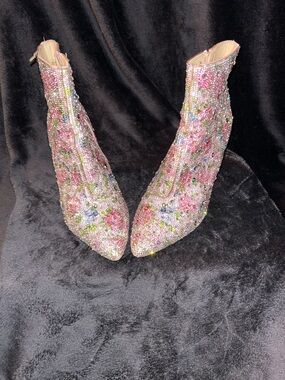 Betsey Johnson Embellished Pink Crystal Floral Ankle Boots